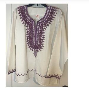 Egyptian Cotton White and Purple Embroidered Women's Top